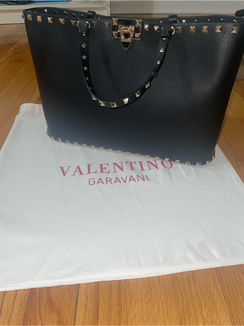 Valentino Garavani Black Leather Tote with Gold Rockstuds